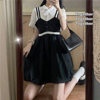 Set : Wide Shirt + High-waist Flower Skirt Jumper Skirt 2-piece