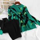 Set: Patterned Sweater + Harem Pants Green - One Size
