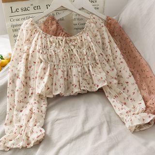 Boatneck Long-sleeve Floral Crop Top