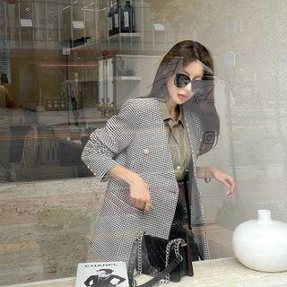 Collarless Houndstooth Jacket Black - One Size