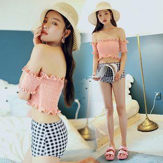 Set: Short-sleeve Frill Trim Swim Top + Gingham Swim Bottom