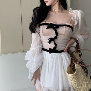 Bow Camisole Top / Ruffled Light Jacket / A-line Skirt