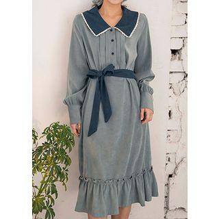 Wide-collar Shirtwaist Dress With Sash