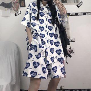Set: Short Sleeve Lettering Heart Print Shirt + Shorts As Shown In Figure - One Size