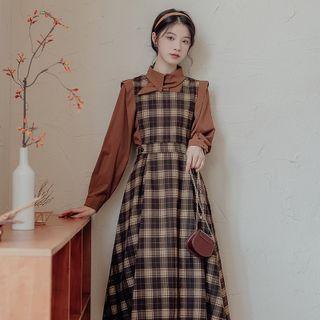 Set: Long-sleeve Stand Collar Blouse + Plaid Midi A-line Overall Dress
