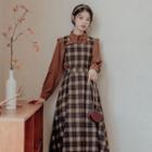 Set: Long-sleeve Stand Collar Blouse + Plaid Midi A-line Overall Dress