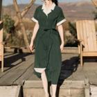 Collared Two-tone Button Short-sleeve Midi A-line Dress