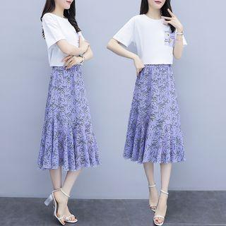 Set: Short-sleeve Printed T-shirt + Midi Floral A-line Skirt