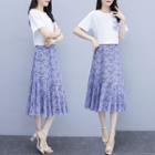 Set: Short-sleeve Printed T-shirt + Midi Floral A-line Skirt