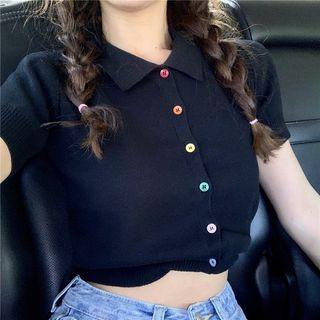Short-sleeve Buttoned Knit Top / Heart Patterned A-line Mini Skirt