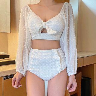 Set: Long-sleeve Dotted Mesh Tankini Top + Bottom