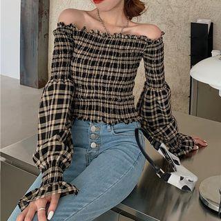 Bell-sleeve Off-shoulder Plaid Blouse