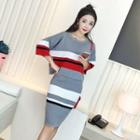 Set: Striped 3/4-sleeve Knit Top + Knit Pencil Skirt