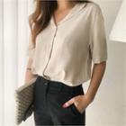 Elbow-sleeve Open-placket Blouse