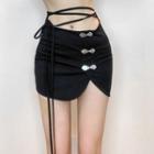 Tie-waist Slit Mini Pencil Skirt