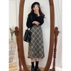 High-waist Plaid Midi Skirt / Plain Lantern-sleeve Sweater