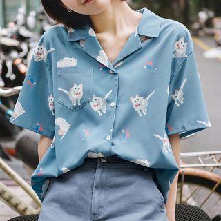 Pocket-front Cat Print Short-sleeve Shirt