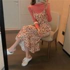 Plain Long-sleeve T-shirt / Flower Print Midi Pinafore Dress