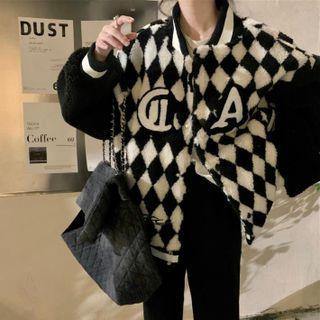 Argyle Fleece Baseball Jacket Argyle - Black & White - One Size