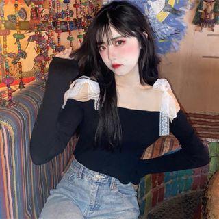 Cold-shoulder Lace Bow T-shirt