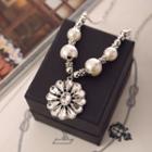 Rhinestone Necklace Flower Faux Pearl - Silver - One Size
