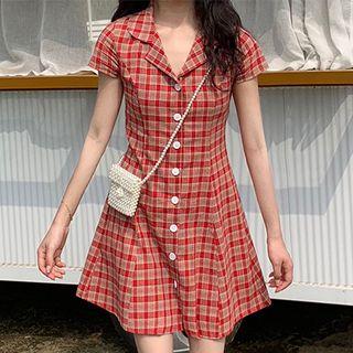 Short-sleeve Mini Plaid A-line Dress Red - One Size