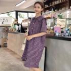 Plaid Short-sleeve Shirt Dress Plaid - Purple - One Size