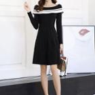 Contrast Trim Off-shoulder Long-sleeve A-line Dress
