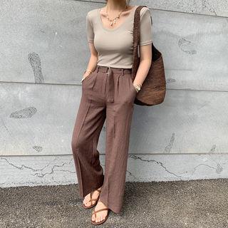 Scoop-neck Ribbed Slim T-shirt Beige - One Size