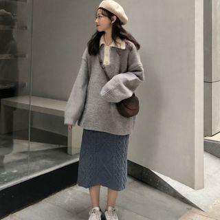 Polo Collar Sweater / Midi Knit Skirt
