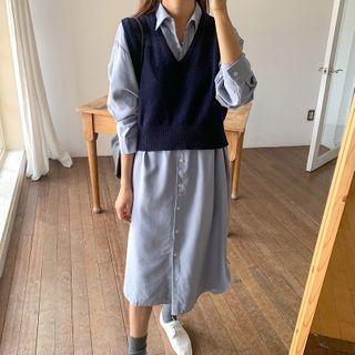 Long-sleeve Plain Shirt Dress / Plain V-neck Knit Vest
