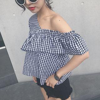 Elbow-sleeve Cold-shoulder Gingham Top