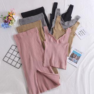 Set: Sleeveless V-neck Knit Top + Plain Midi Skirt
