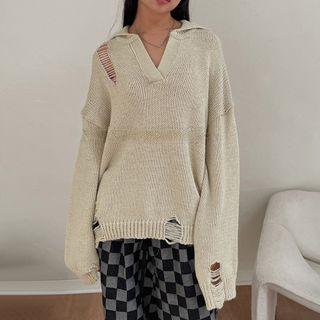Lapel V-neck Knit Top