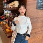 Furry-trim Long-sleeve Mock Neck T-shirt