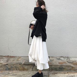 Set: Plain Pullover + Layered Midi A-line Skirt