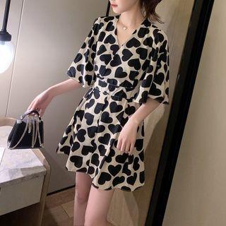 Bell-sleeve Heart Print Chiffon Dress