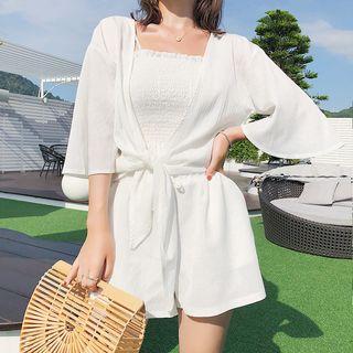 Set: Spaghetti-strap Smocked Top + Shorts + Light Jacket