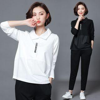 Set: Long-sleeve Collared Top + Cropped Pants