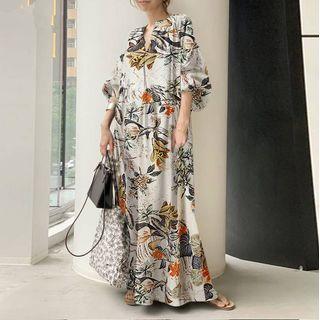 Elbow-sleeve Floral Maxi Shirt Dress