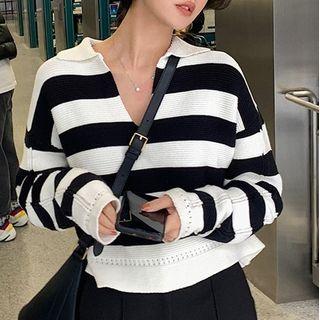 Striped Collared Open Placket Sweater