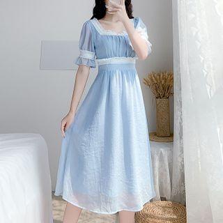 Square-neck Puff-sleeve Lace Trim Midi A-line Dress