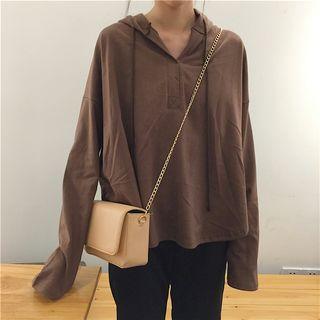 Plain Long-sleeve Loose-fit Hooded Top