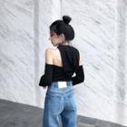 Plain Off-shoulder Long-sleeve Hooded Top / Distressed High-waist Jeans