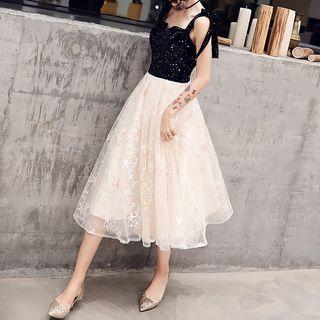 Tie-shoulder Star Print Midi Prom Dress