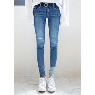 Contrast-trim Distressed Skinny Jeans