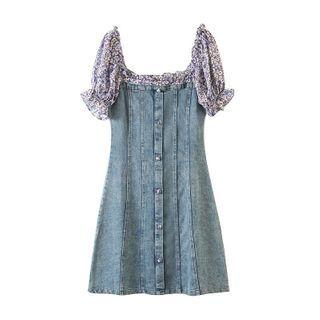 Puff-sleeve Denim Panel Mini A-line Dress