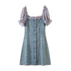 Puff-sleeve Denim Panel Mini A-line Dress