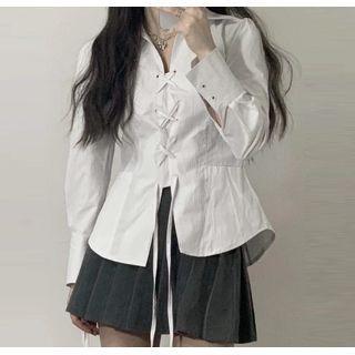 Lace-up Plain Shirt / Mid Rise Pleated A-line Skirt