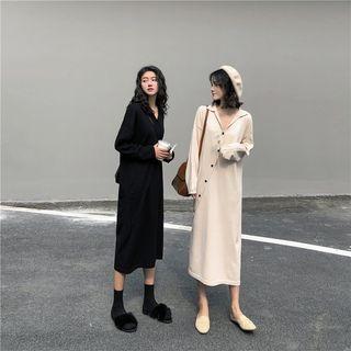 Long-sleeve Button-detail Midi Knit Dress
